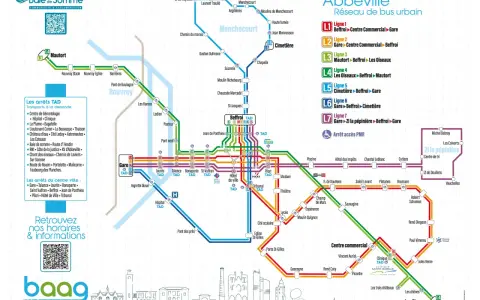 Carte du réseau de bus de Abbeville, avec les lignes et arrêts. Le bus baag circule sur plusieurs lignes.