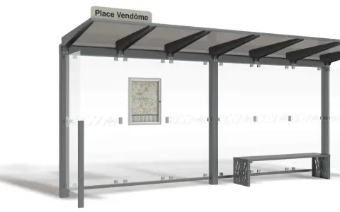 Abri de **parking bus** moderne avec panneau "Place Vendôme", banc et plan du réseau.