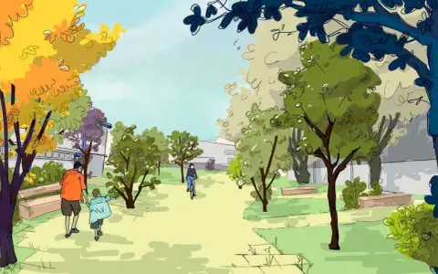 Un père et son enfant se promènent dans un parc verdoyant, tandis qu'une personne fait du vélo. Une scène d'animation du territoire paisible et colorée.
