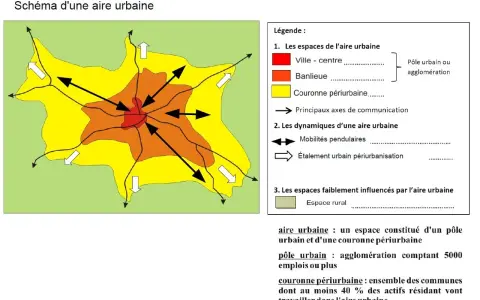 Schéma expliquant c'est quoi une aire urbaine : un pôle central (ville-centre, banlieue) et sa couronne périurbaine, reliés par des axes de communication et des mobilités pendulaires.
