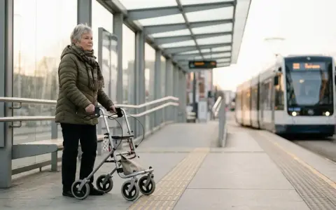 Une femme âgée avec un déambulateur attend le tram. Elle se prépare à monter, une leçon sur comment prendre le bus.