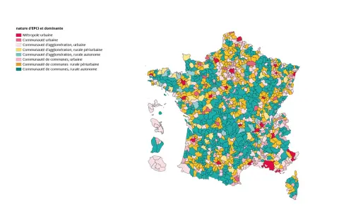 Carte de France montrant la répartition des métropoles et des communautés de communes, illustrant les 10 plus grandes aires urbaines de France.