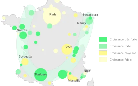 Carte de l'urbanisation en France. Des cercles de différentes tailles et couleurs indiquent la croissance urbaine, avec des zones de croissance très forte le long de la côte Atlantique.