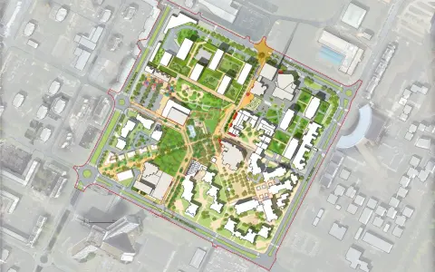 Plan d'urbanisme sur dalle montrant des bâtiments modernes, des espaces verts et des aires de jeux. Le projet intègre des rues et des avenues.