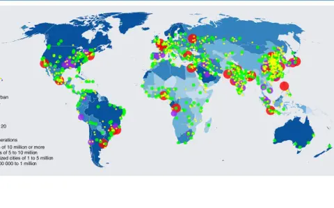 Carte mondiale du pourcentage d'urbanisation et des agglomérations urbaines. Ce tableau de bord environnemental montre la répartition des villes.
