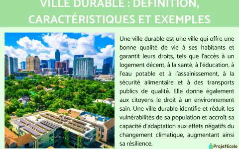 Vue aérienne d'une ville moderne avec des gratte-ciel, des arbres et des panneaux solaires. La définition d'une ville durable est expliquée, incluant l'accès à des espaces publics de qualité.