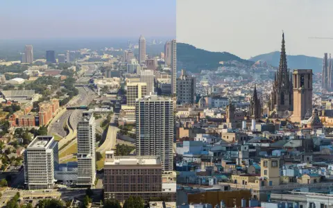 Vue aérienne d'une aire urbaine exemple, montrant des gratte-ciel modernes et des quartiers résidentiels d'un côté, et des bâtiments historiques et des églises de l'autre.