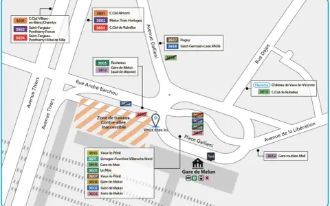 Plan des lignes de bus autour de la gare de Melun, avec le bus 3603 indiqué.