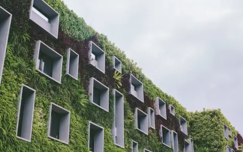 Un bâtiment végétalisé avec des fenêtres carrées, incarnant la définition d'une ville durable.