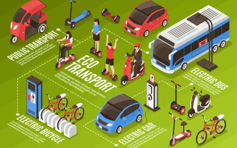 Illustration de la définition mobilité géographie : transports publics, vélos électriques, voitures et bus électriques, trottinettes et gyropodes.