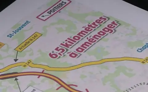 Carte indiquant la création d'une autoroute sur 6,5 km, reliant St-Jouvent à Poitiers, avec la N147 actuelle.