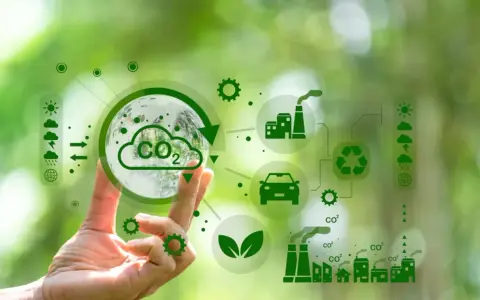 Main d'une personne tenant une sphère symbolisant la Terre et le CO2, entourée d'icônes représentant l'industrie, le transport et le recyclage, illustrant la transformation des territoires vers un avenir durable.