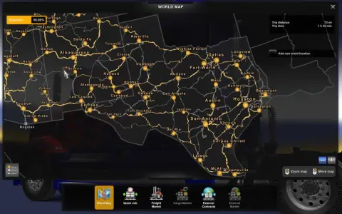 Carte Euro Truck Simulator 2 montrant le Texas et le Nouveau-Mexique. 50% de la carte explorée.
