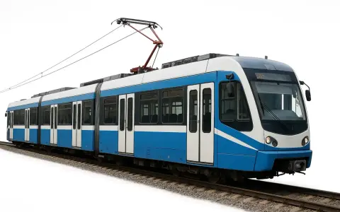 Un tram moderne bleu et blanc, un bus bhns, circule sur des rails.