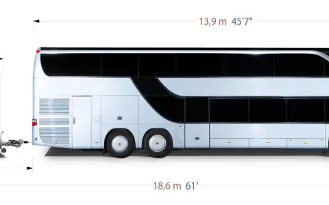 Un bus à deux étages avec une remorque. Les dimensions indiquent la longueur totale de 18,6 m, la hauteur de 4 m et la largeur de la remorque de 3,2 m.
