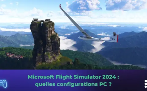 Un planeur survole des montagnes verdoyantes, près d'un temple perché. Microsoft Flight Simulator 2024 : quelles configurations PC ?