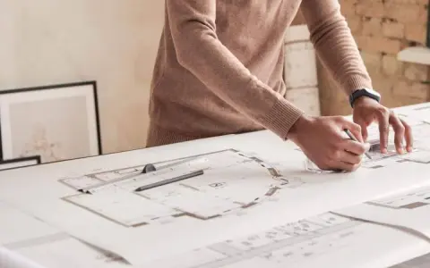 Un architecte dessine des plans détaillés, traçant des lignes précises pour un projet. Il y a plu trappes sur la table.