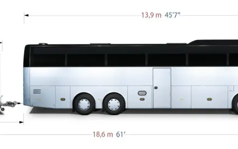 Vue latérale d'un bus blanc et noir avec une remorque. Dimensions indiquées : longueur totale 18,6m, hauteur 4m, largeur d'un bus 3,2m, hauteur remorque 3,25m, longueur remorque 4,7m.
