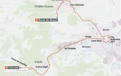 Carte du parcours rlv riom, reliant Vulcania à Riom en passant par Volvic et Mozac.