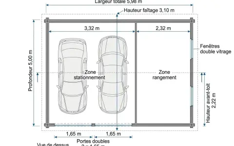 Plan d'un garage double avec une zone de stationnement pour deux voitures et une zone de rangement. La longueur totale est de 5,98 m.