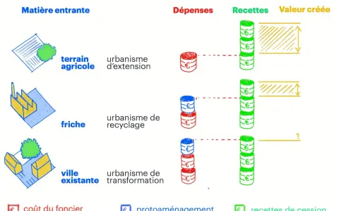 Schéma comparant l'urbanisme d'extension, de recyclage et de transformation, illustrant coûts et recettes.