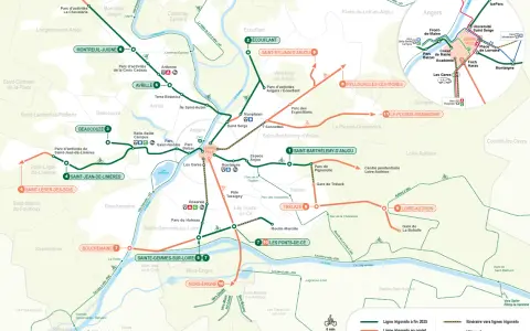 Carte des lignes de tramway et véloroutes d'Angers, montrant les itinéraires et les stations.