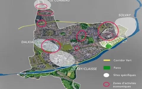 Carte d'urbanisme de Lille, montrant des zones d'activités économiques, des parcs et des sites spécifiques.