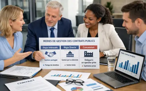 Équipe discutant des modes de gestion des contrats publics, avec un focus sur la "Régie Intéressée" et le partage des bénéfices.