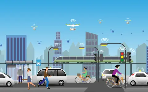 Un pole urbain def. connecté avec des voitures autonomes, des drones de livraison et un train, symbolisant la ville intelligente.