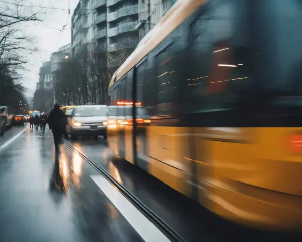 Un tram jaune file dans une rue mouillée, reflétant les lumières de la ville. Un bus Gien est visible au loin.