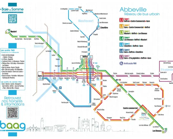 Carte du réseau de bus de Abbeville, avec les lignes et arrêts. Le bus baag circule sur plusieurs lignes.