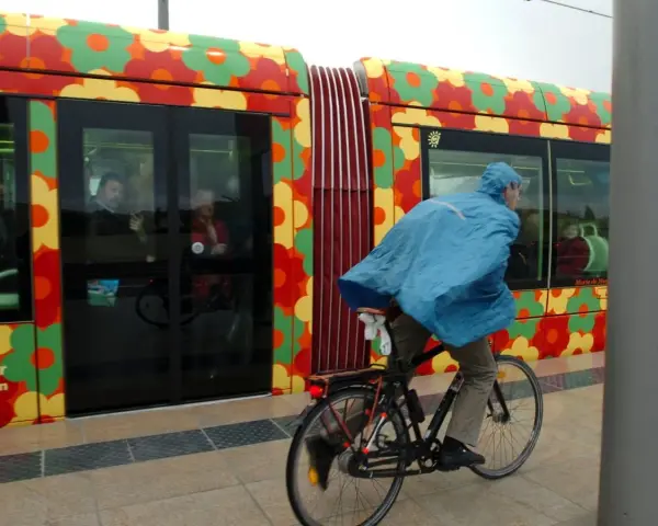 Cycliste sous la pluie, longeant un tramway décoré de fleurs colorées à Montpellier.