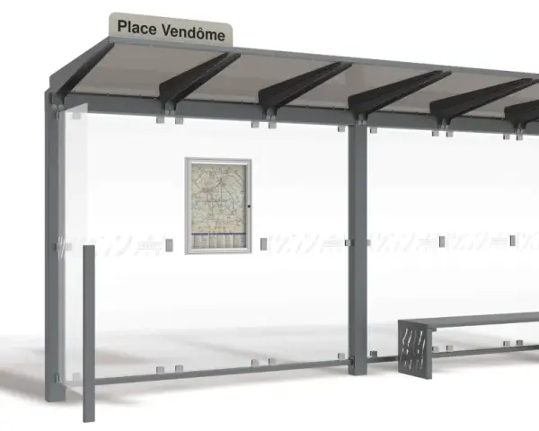 Abri de **parking bus** moderne avec panneau "Place Vendôme", banc et plan du réseau.