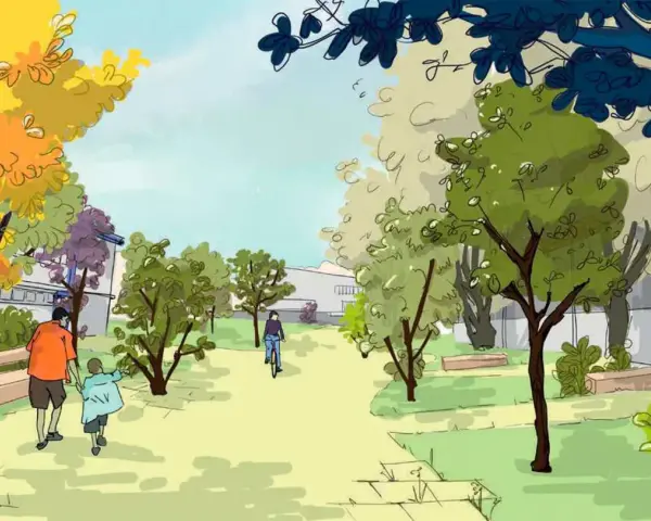 Un père et son enfant se promènent dans un parc verdoyant, tandis qu'une personne fait du vélo. Une scène d'animation du territoire paisible et colorée.