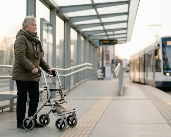 Une femme âgée avec un déambulateur attend le tram. Elle se prépare à monter, une leçon sur comment prendre le bus.