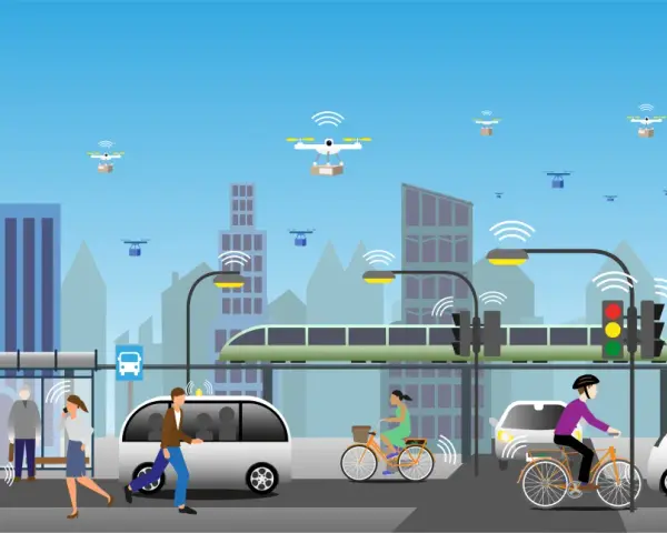 Scène urbaine futuriste illustrant la mobilité urbaine définition : voitures autonomes, drones de livraison, tramway, vélos et piétons connectés.