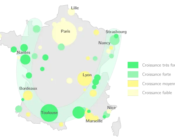 Carte de l'urbanisation en France. Des cercles de différentes tailles et couleurs indiquent la croissance urbaine, avec des zones de croissance très forte le long de la côte Atlantique.
