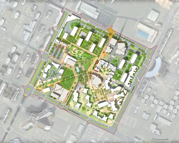 Plan d'urbanisme sur dalle montrant des bâtiments modernes, des espaces verts et des aires de jeux. Le projet intègre des rues et des avenues.