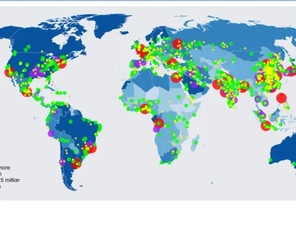 Carte mondiale du pourcentage d'urbanisation et des agglomérations urbaines. Ce tableau de bord environnemental montre la répartition des villes.