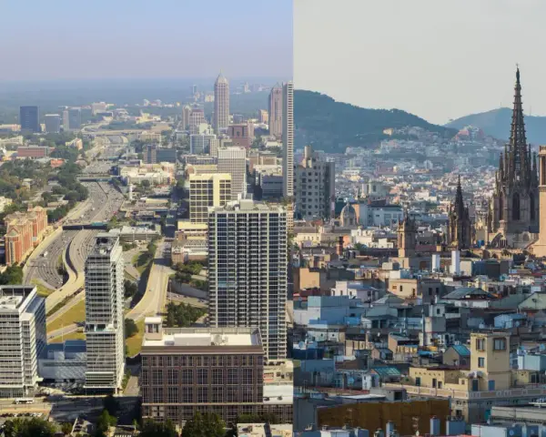 Vue aérienne d'une aire urbaine exemple, montrant des gratte-ciel modernes et des quartiers résidentiels d'un côté, et des bâtiments historiques et des églises de l'autre.