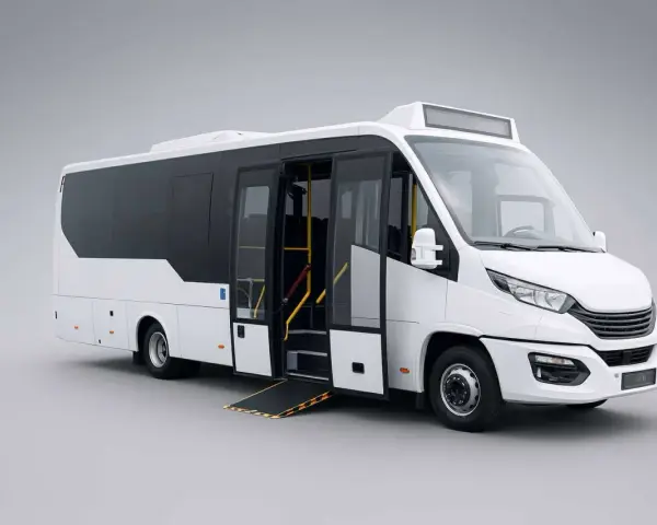 Minibus blanc avec rampe d'accès déployée, prêt à accueillir des passagers. Sa conception optimisée offre une grande capacité car pour le transport de groupe.