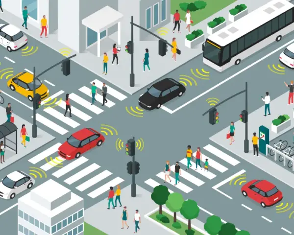 Scène urbaine animée illustrant l'analyse de la mobilité urbaine : voitures autonomes, bus, piétons, vélos et bornes de recharge.