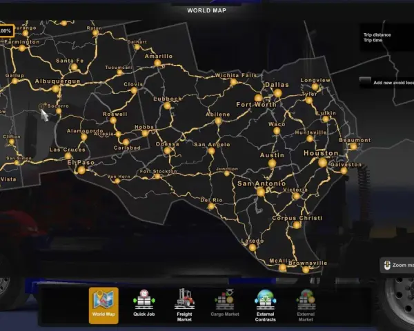 Carte Euro Truck Simulator 2 montrant le Texas et le Nouveau-Mexique. 50% de la carte explorée.