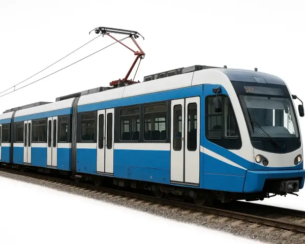Un tram moderne bleu et blanc, un bus bhns, circule sur des rails.