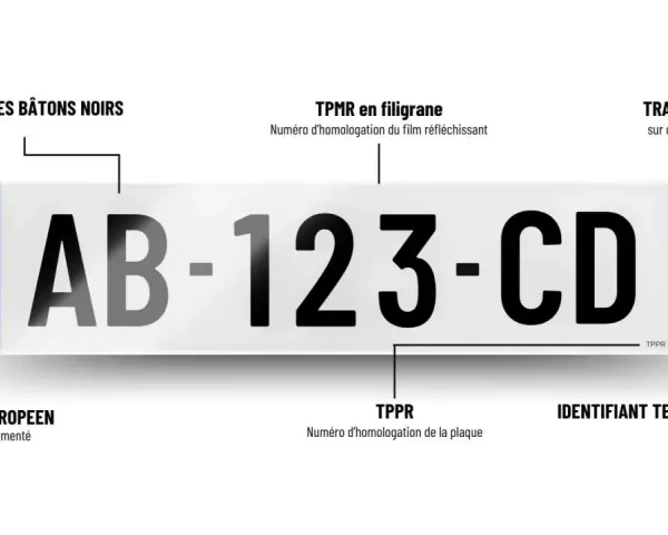 Plaque d'immatriculation française avec le numéro AB-123-CD, le symbole européen et l'identifiant territorial "67" pour l'Alsace. L'année de fabrication est indiquée par le TPPR.
