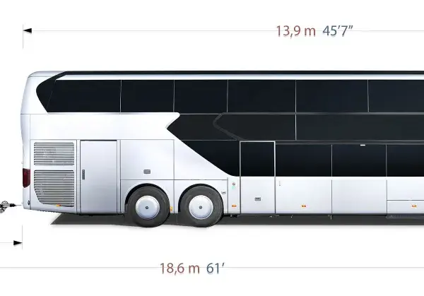 Vue latérale d'un bus à deux étages et d'une remorque. La hauteur d'un car est de 4 mètres. Dimensions indiquées en mètres et pieds.
