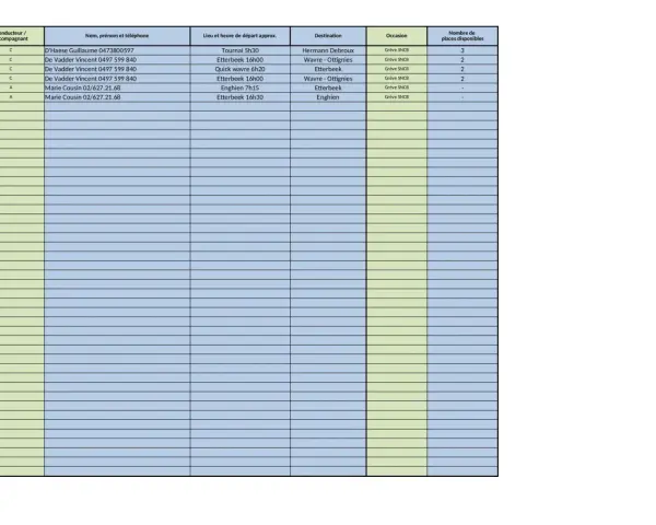 Tableau d'organisation covoiturage pour la grève SNCB, avec conducteurs, destinations et places disponibles.