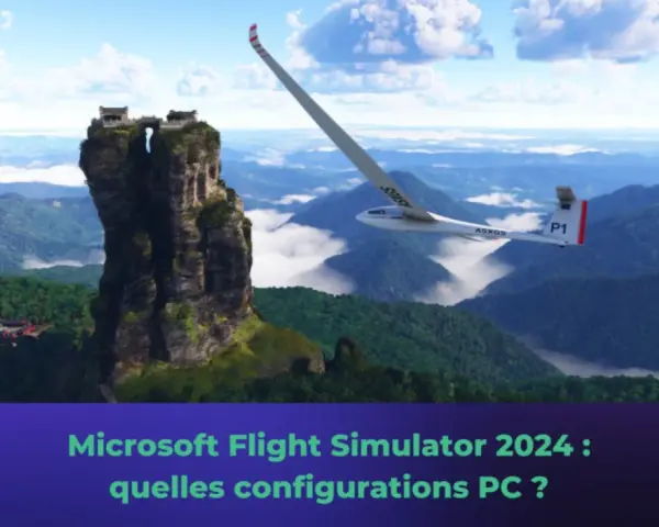 Un planeur survole des montagnes verdoyantes, près d'un temple perché. Microsoft Flight Simulator 2024 : quelles configurations PC ?