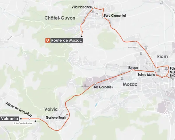 Carte du parcours rlv riom, reliant Vulcania à Riom en passant par Volvic et Mozac.