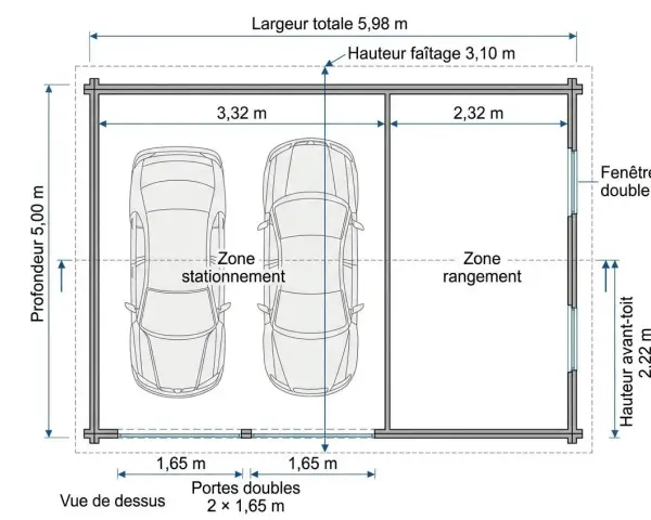 Plan d'un garage double avec une zone de stationnement pour deux voitures et une zone de rangement. La longueur totale est de 5,98 m.
